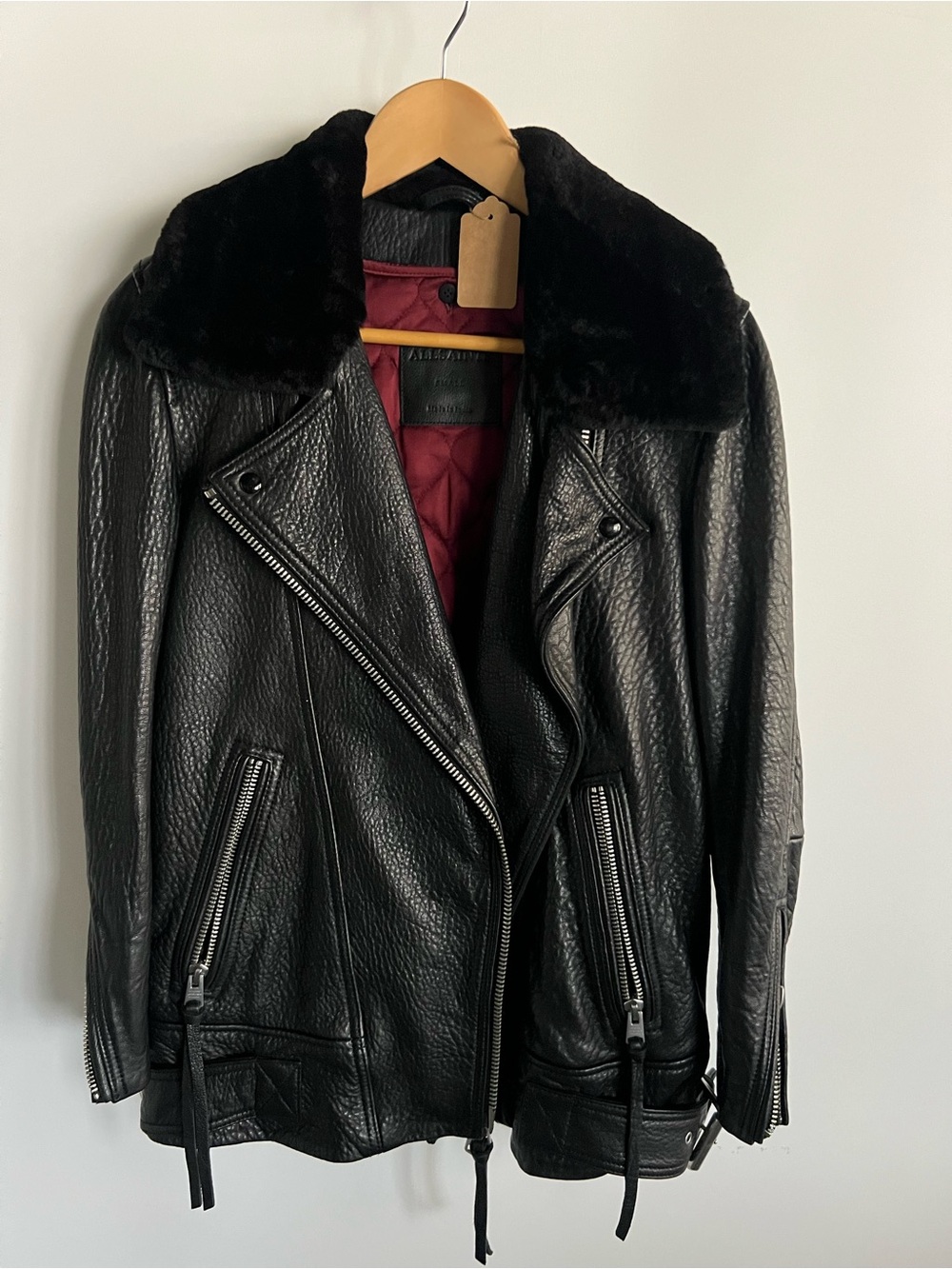 AllSaints Real Black Leather Jacket with Burgundy Quilted Lining
